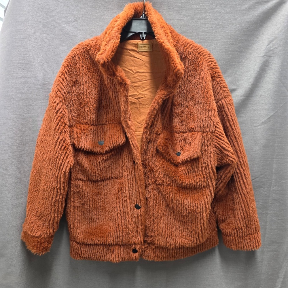 POL Rust Orange Faux Fur Teddy Jacket Women Small Boho Shaggy Coat Halloween